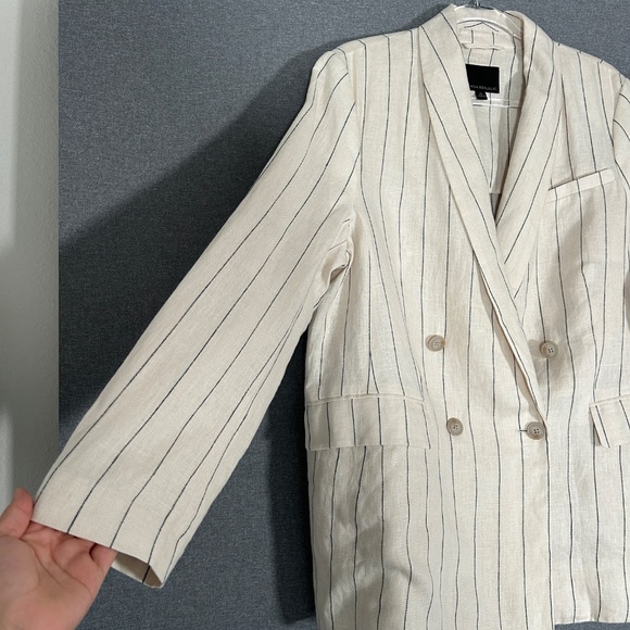 Banana Republic women size 16 double breasted blazer beige stripe 100% linen - Picture 4 of 11
